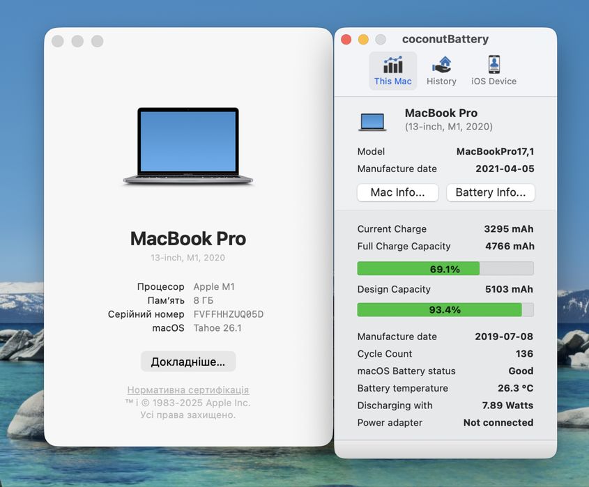 MacBook Pro 2020 M1 | 8gb Ram | SSD 256GB 93% АКБ 135  Циклів