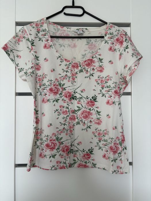 Biała koszulka w różowe kwiaty New Yorker Amisu XL