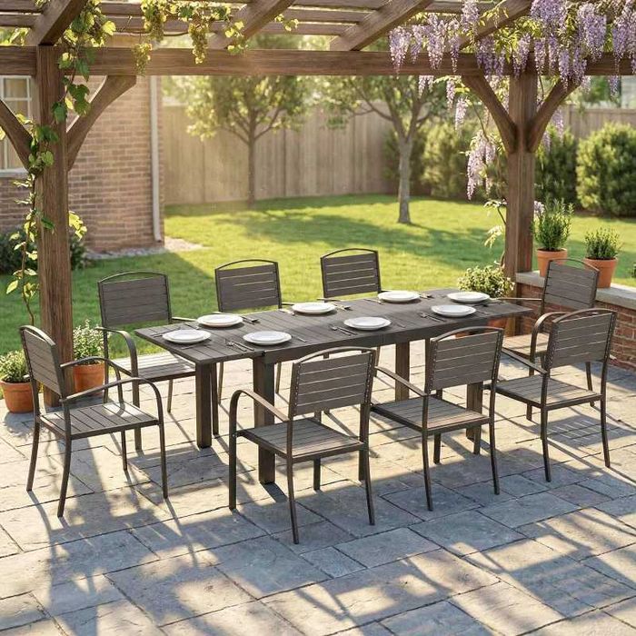 Mesa e 8 Cadeiras de Jardim com Mesa Extensível Estrutura de Alumínio