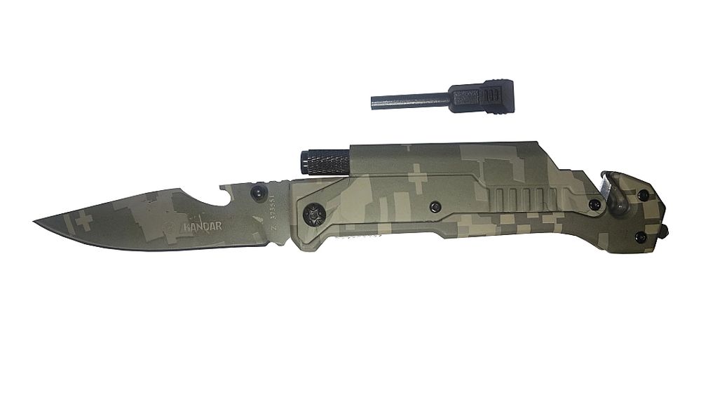 Nóż ratunkowy bezpieczeństwa 6w1 camo/moro Kandar