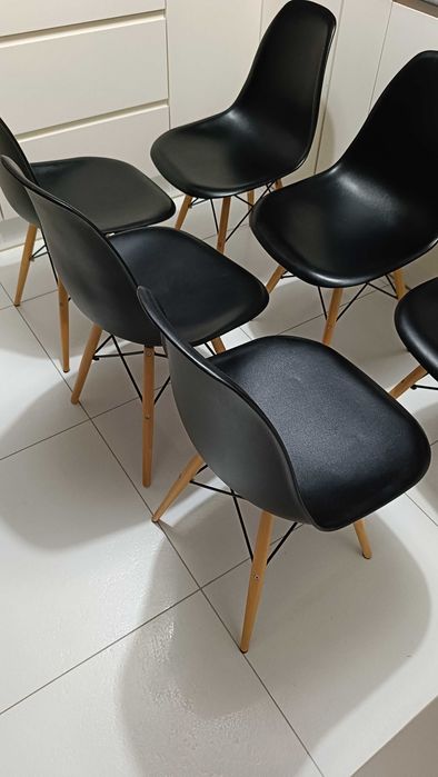 Krzesła skandynawskie 6 szt. czarne drewniane nogi w kolorze dębu