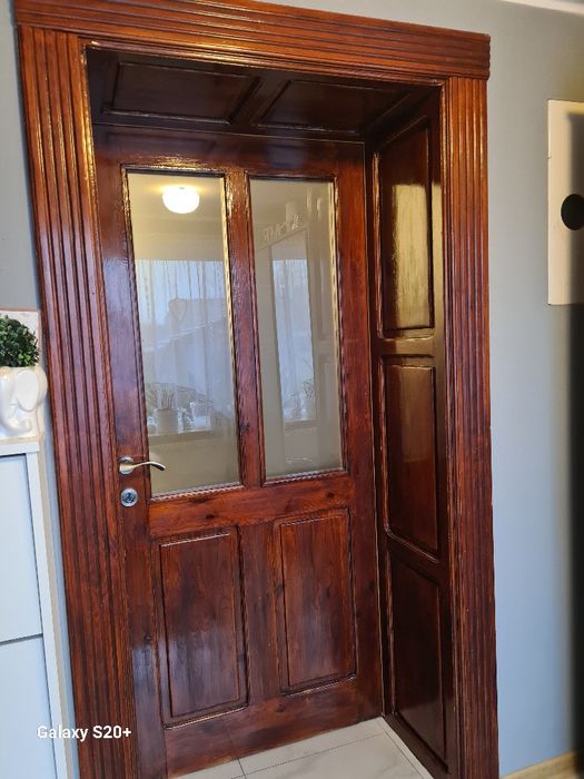 Drzwi drewniane lite drewno komplet ramki mleczne szyby