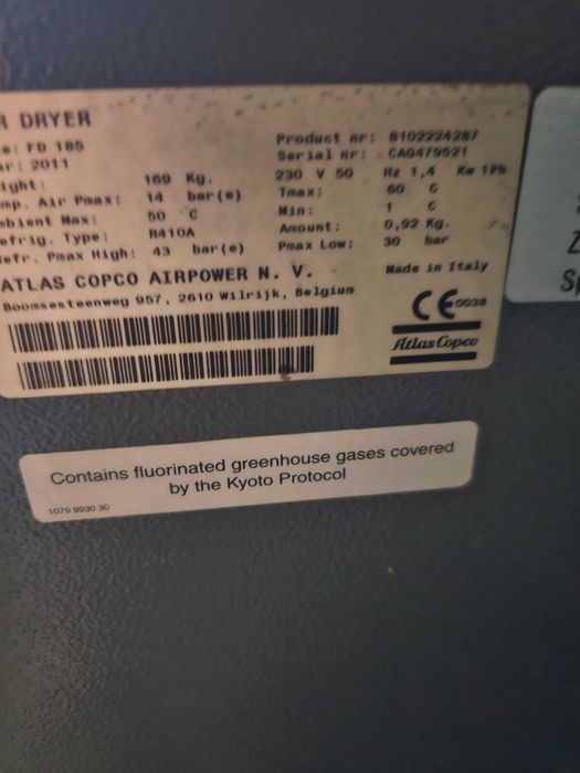 Osuszacz ziębniczy atlas copco FD 185, 2011r duża wydajność