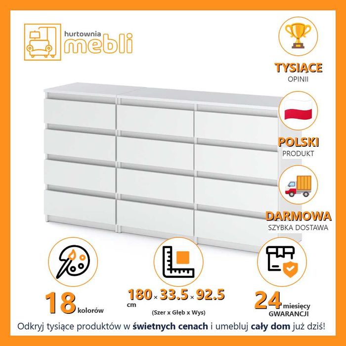 Komoda Nowoczesna Wysoka Hugo 180cm Szafka 12 Szuflad Salon Sypialnia