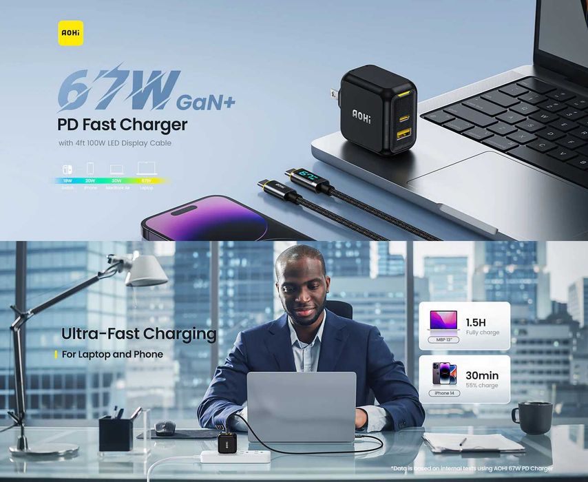 Зарядний пристрій AOHi Magcube 67W 2-Port GaN Charger EU (AOC-C011)