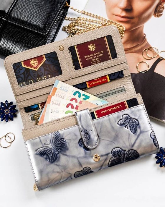 duży, skórzany portfel damski w motylki - peterson
