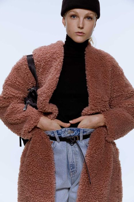 Płaszcz płaszczyk Zara oversize 38 M miś Teddy różowy róż misiek