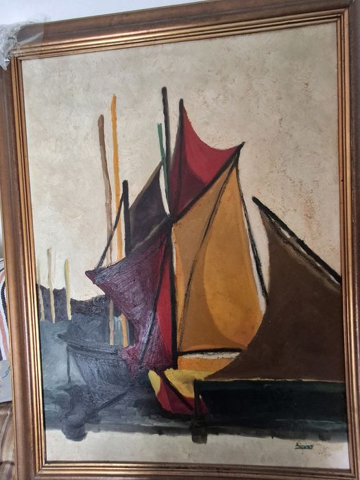 Barcos excelente grande quadro tela a oleo  emoldurado 102 x 75