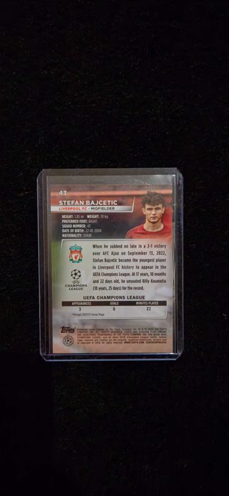 2022-23 Topps Stadium Chrome Stefan Bajcetic RC Blue Prism Refractor