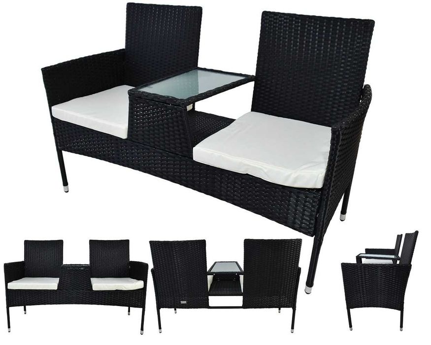 KANAPA OGRODOWA Dwuosobowa ze stolikiem technorattan CZARNY