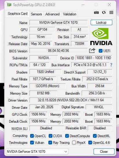 Nvidia Gforce GTX 1070 Inno 3D 8GB 256 bit