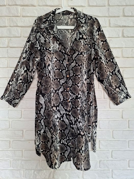 Długa Koszula Snake Print Vintage Szmizjerka Sukienka Koszulowa