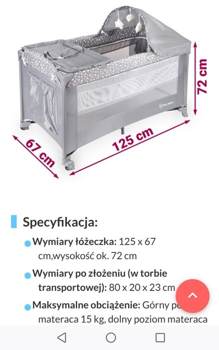 Łóżeczko turystyczne, kojec, z przewodnikiem i baldachimem