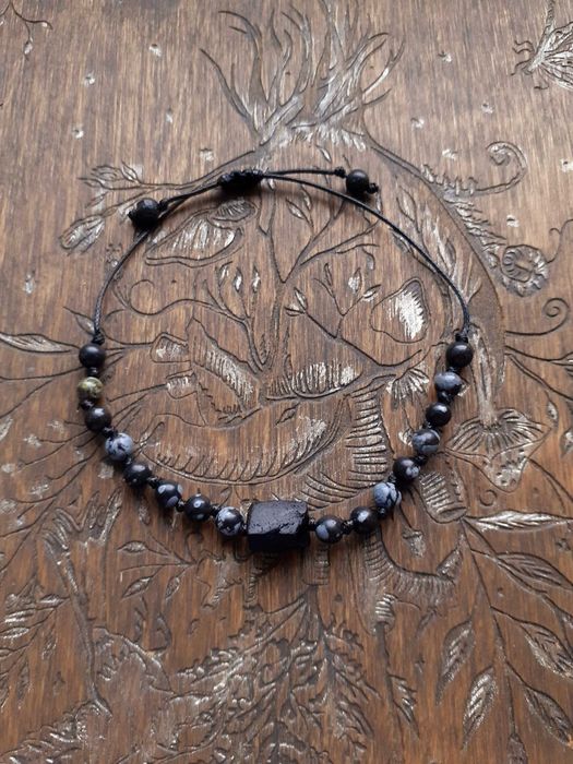 Bransoletka ochronna z czarnym turmalinem obsydianem śnieżnym i lawą