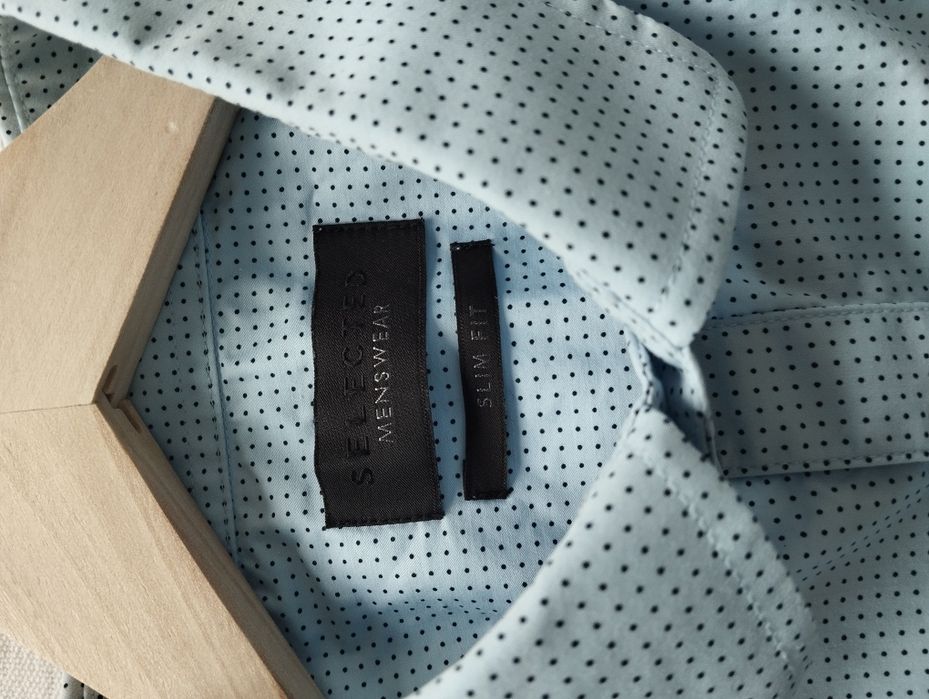 Bawełniana koszula męska, błękitna, w groszki, slim fit r.S/M Selected