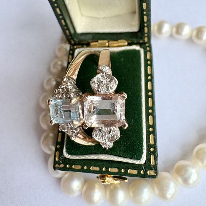 Retro Złoty pierścionek 9k diamenty 0,15 ct brylanty topaz duży R17