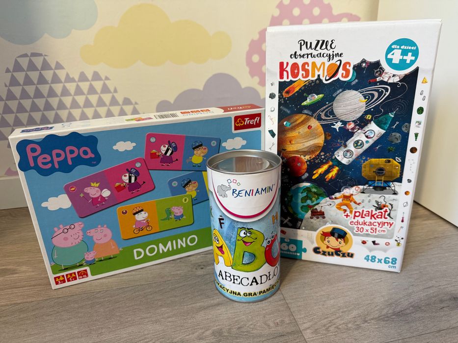 Zestaw domino Pepa, puzzle obserwacyjne Kosmos CzuCzu i gra abecadło