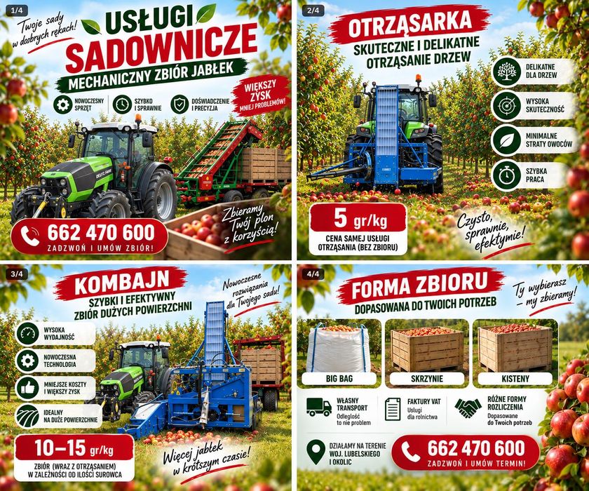 Mechaniczny zbiór JABŁEK kombajn krótkie terminy otrząsanie  USŁUGI ROLNICZNE