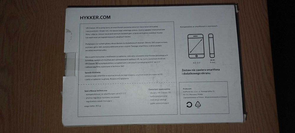 Hykker VR Glasses 3D – gogle VR do smartfona 4.0–5.5 cala