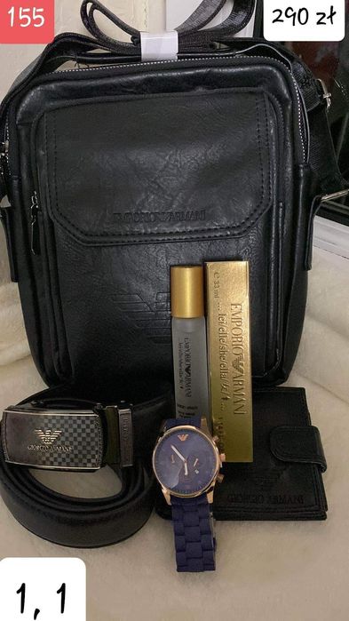 Męski zestaw portfel, pasek, listonoszka, zegarek, perfumy