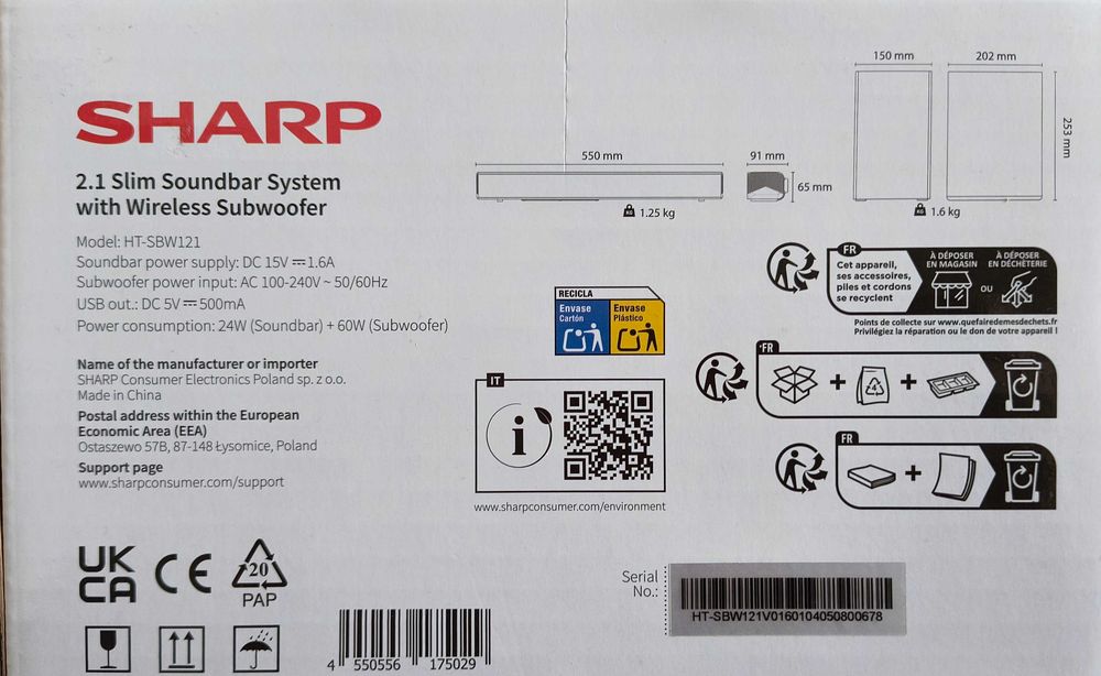 Soundbar Sharp HT-SBW121 2.1 - Bluetooth, HDMI (ARC), USB, pilot