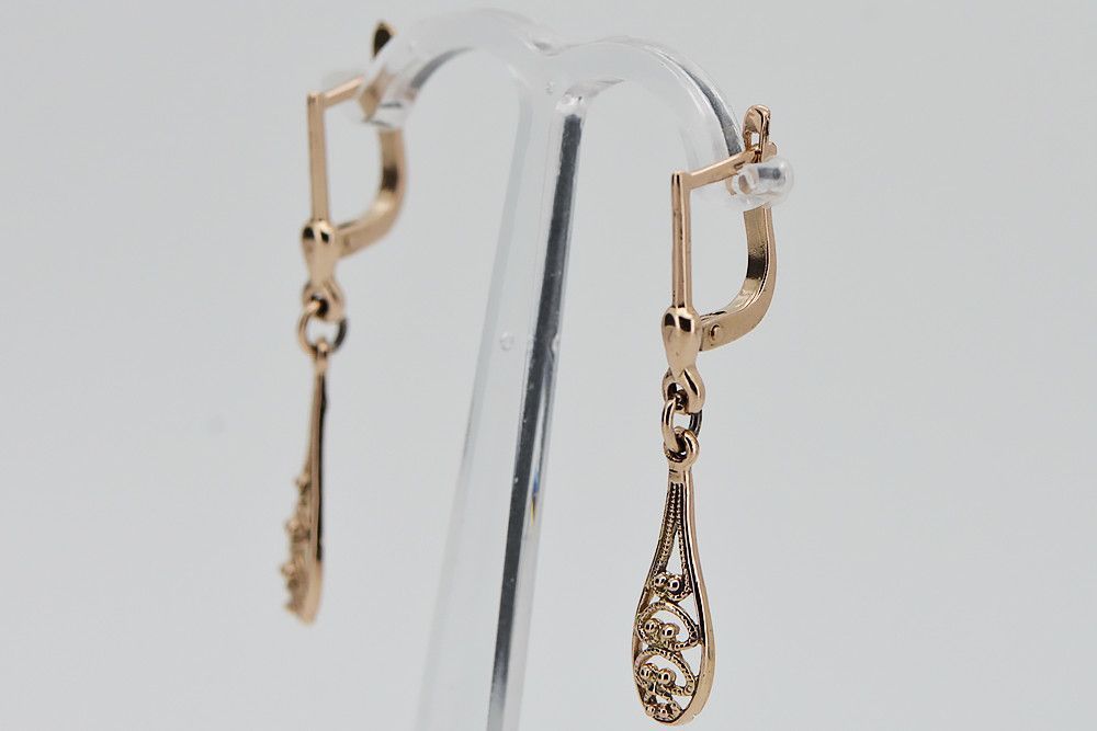 Rosyjskie różowe złoto kolczyki listki 14k 585 ZSRR Vintage ven239