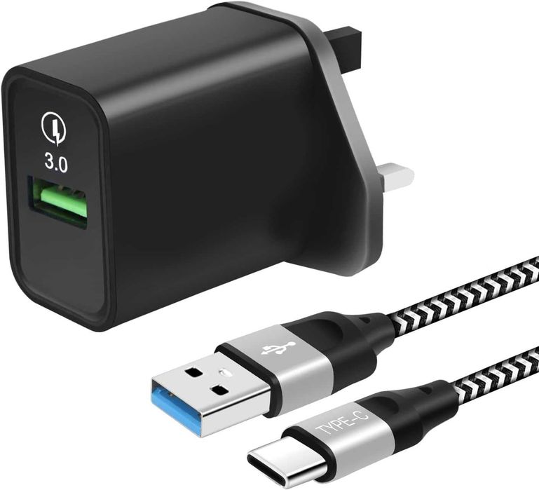 Ładowarka USB QC 3.0 18W + Kabel USB-C 1,8 m Szybkie Ładowanie UK