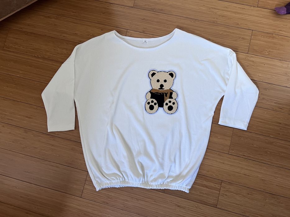 Nowa bluzka z misiem oversize prążkowana damska