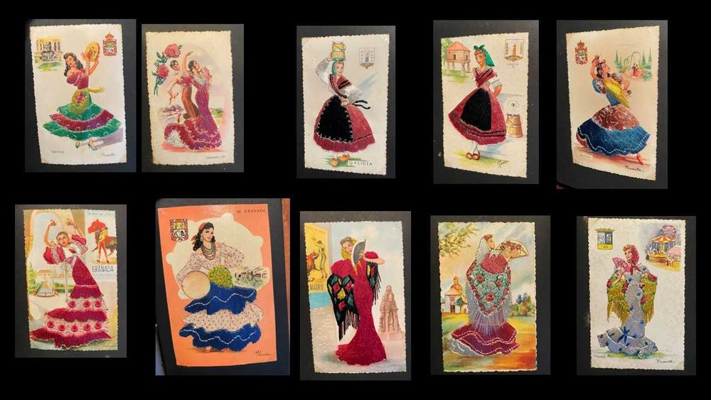 Álbum com 36 Postais Bordados Espanhóis – Trajes Regionais e Flamenco