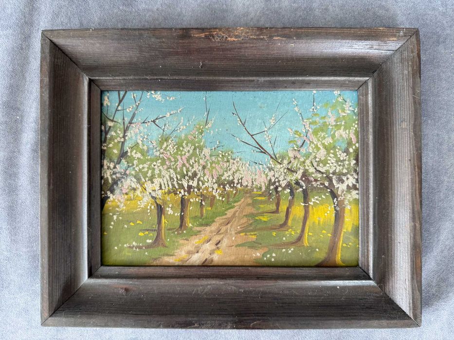 Komplet 3 obrazów olejnych – pejzaż wiejski, styl rustykalny