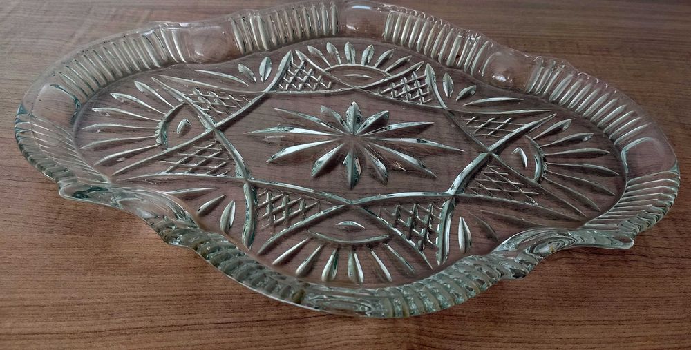 Patera płaska szklana ozdobny szlif stara vintage
