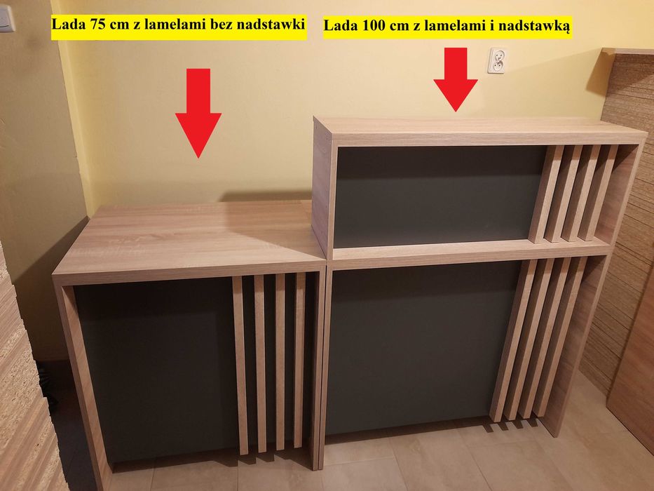 Lady sklepowe Bella z lamelami Extra wygląd biurko do sklepu blat, stanowisko do obsługi klienta