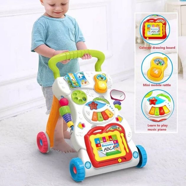 Каталка-ходунки дитячі з дошкою для малювання та з піаніно
