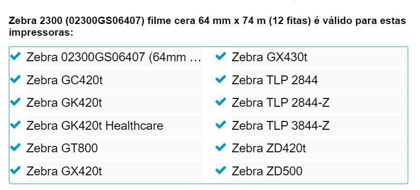 60 Tinteiros para Impressoras Zebra M 2300 Wax Ribbon,  64x74mm 60