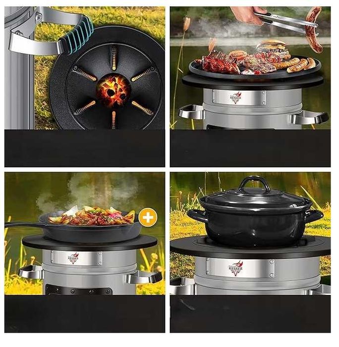 GRILL RAKIETOWY turystyczny z żeliwną paltelnią i torbą transportową