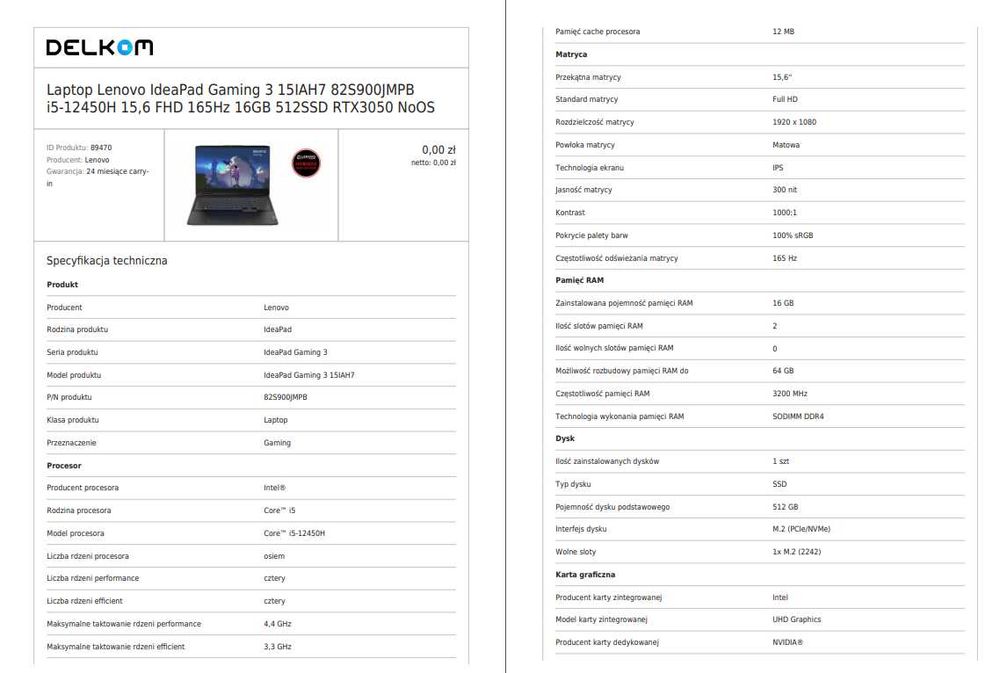 Laptop Lenovo IdeaPad Gaming 3 15IAH7 165Hz 16GB 512SSD RTX3050