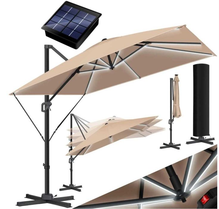 Parasol ogrodowy z oświetleniem LED 300x300x235cm UV obrotowy szary