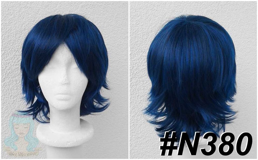 Ciemna niebieska peruka męska z grzywką krótka cosplay wig niebieski