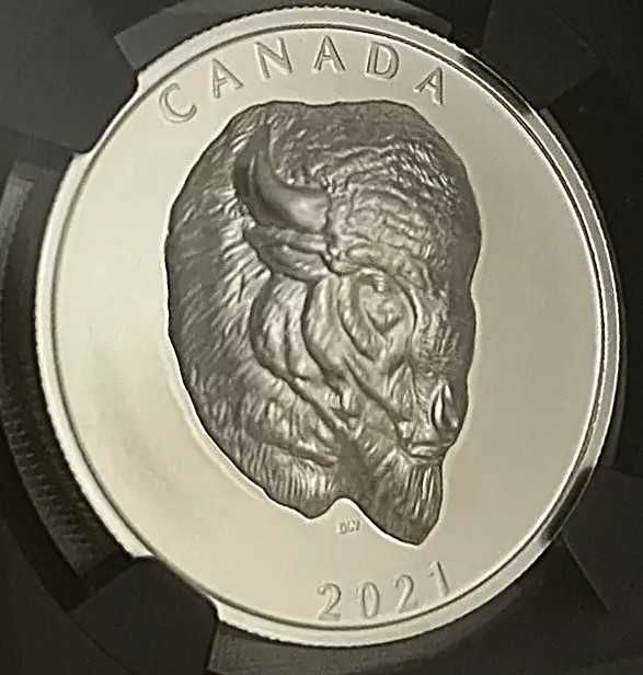 Moeda Prata 2021 $25 Canada Buffalo 1 oz NGC PF70 UC alto relevo