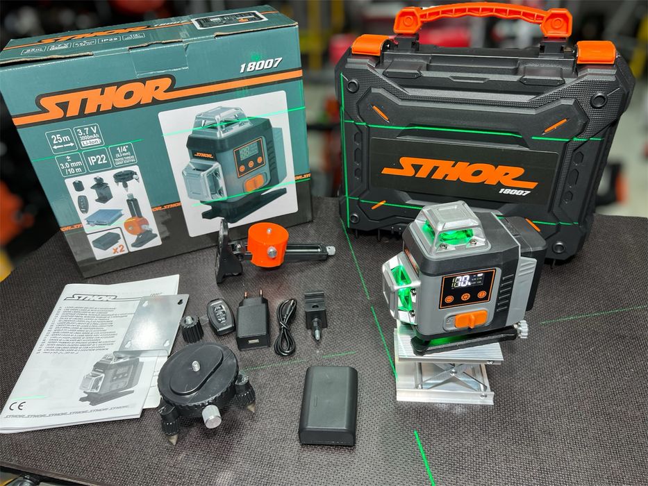 Лазерный уровень STHOR 4D Польша До 25 м 2 АКБ + кейс Зеленый луч