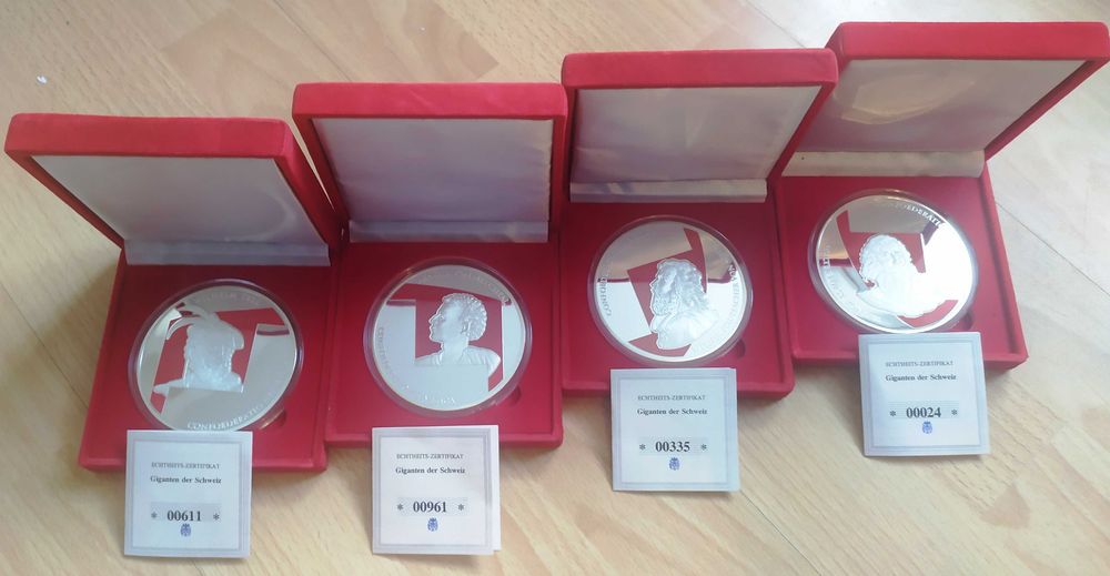 Olbrzym CERTYFIKAT Moneta Medal Wilhelm Tell Etui KAPSEL SREBRO Oryginał