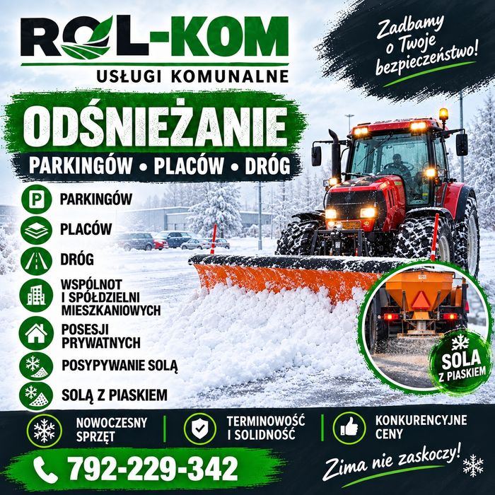 Odśnieżanie zimowe utrzymanie drog Parkingów placow dachów posesji prywatnych