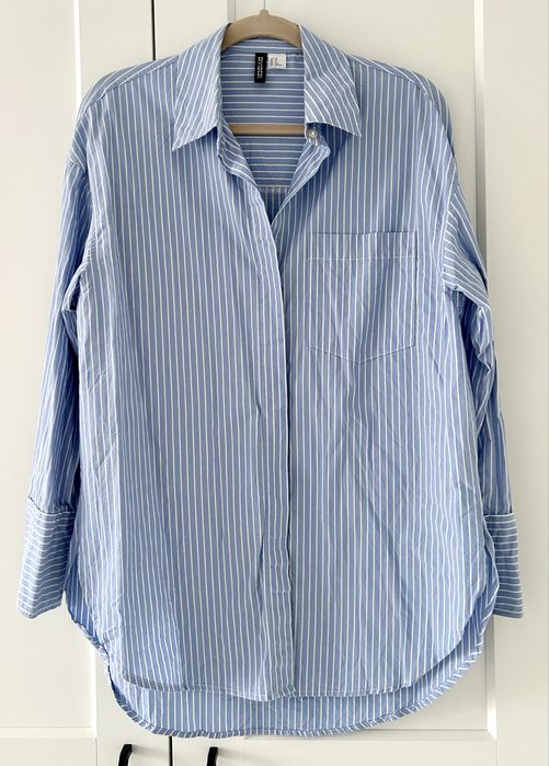 Błękitna bawelniana długa koszula w paski H&M oversize r.XS