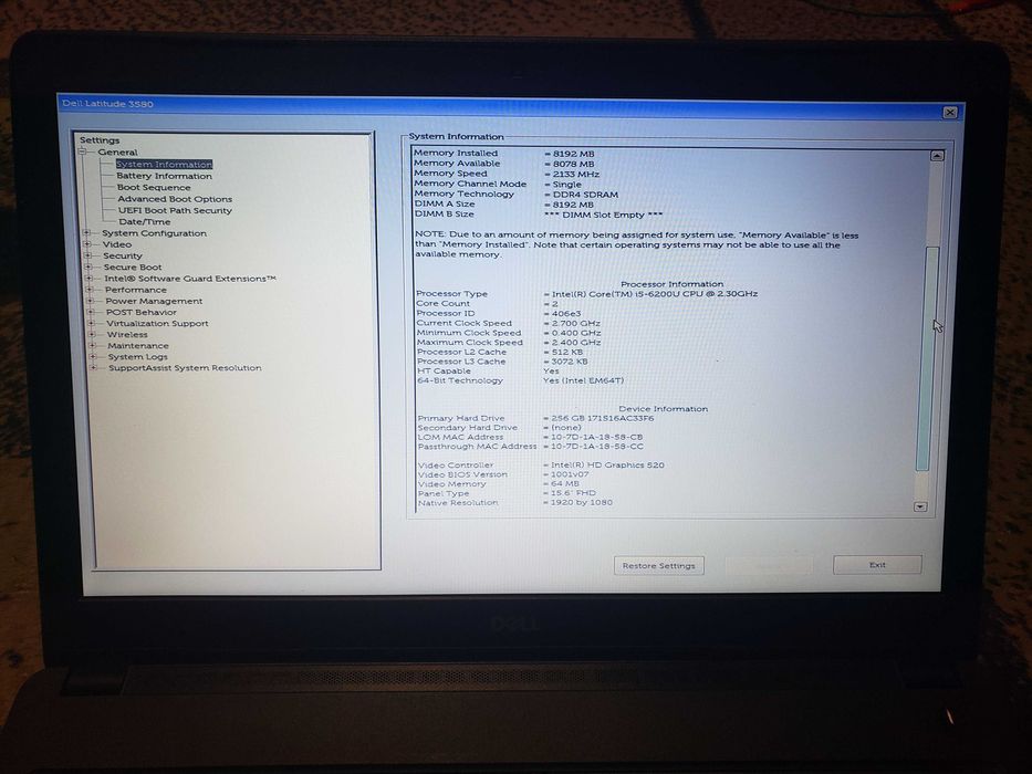 Dell Latitude 3580 15.6" FullHD Core i5 256GB SSD 8GB DDR4 WebCam