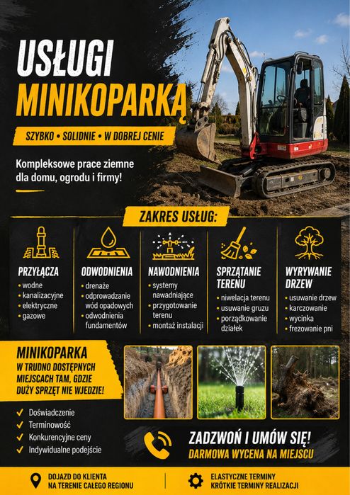 Uslugi minikoparka koparka 1.8t,  transport, wykopy, rownanie