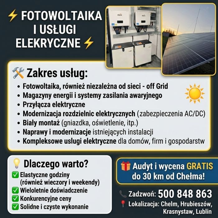 Usługi Elektroinstalacyjne, fotowoltaika, magazyny energi, przyłącza elektryczne, biały montaż
