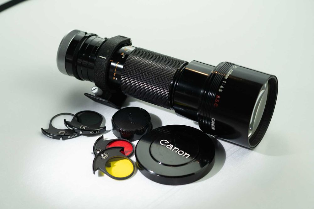 Lente Canon FD 400mm f/4.5 S.S.C. – Inclui Filtros e Suporte de Tripé