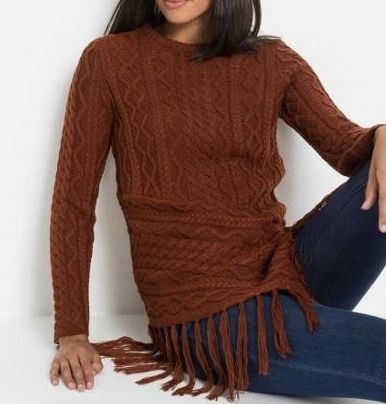 B.P.C sweter dzianinowy asymetryczny brązowy z frędzlami r.36/38