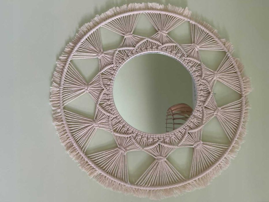 Lustro okrągłe z plecionką boho makrama 65 cm wiszące dekoracja