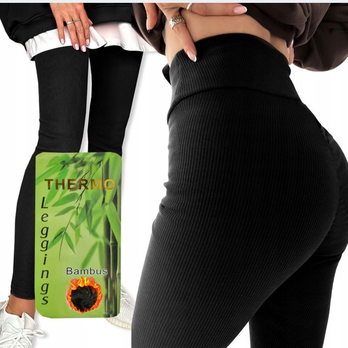 Legginsy damskie bambusowe termiczne termo nowe prążek hit viral